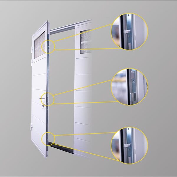 Mūsu veramie vārti ir aprīkoti ar eņģēm un var tikt pasūtīt ar 3 punktu drošības slēdzenēm